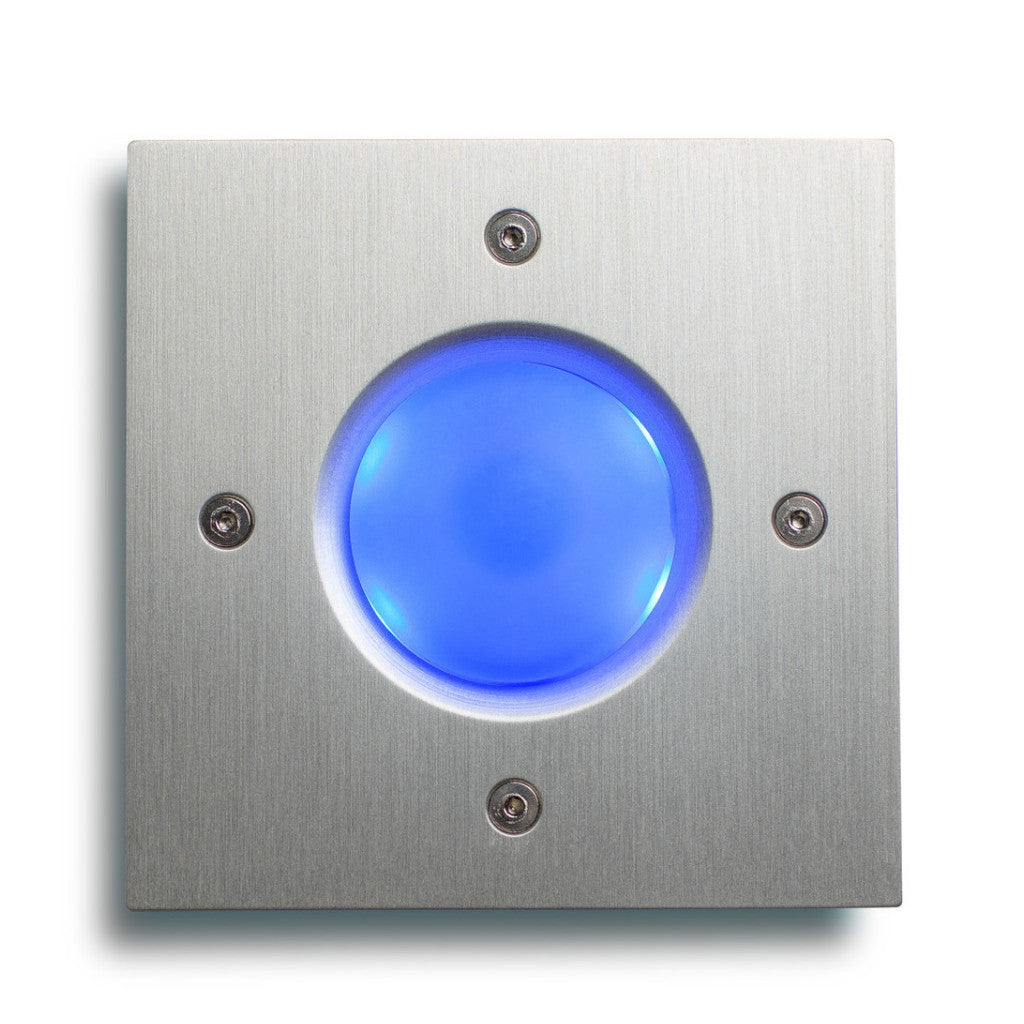 A square doorbell button with a blue illuminated LED push panel, set against a metallic looking background with four screws at the corners.