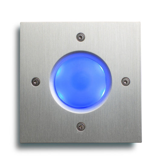A square doorbell button with a blue illuminated LED push panel, set against a metallic looking background with four screws at the corners.